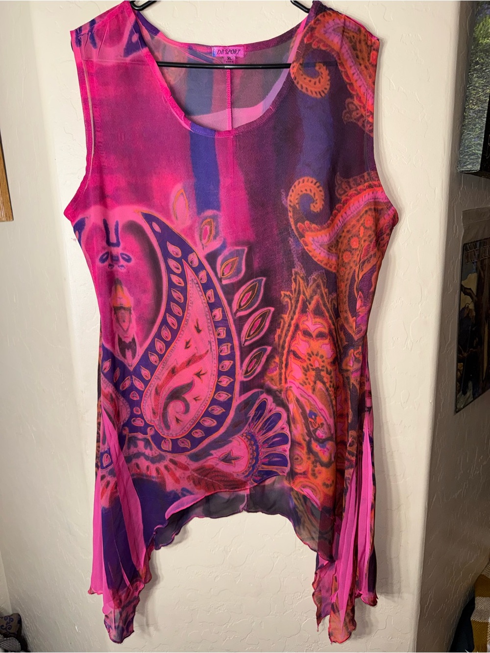 DB Sport Pink Purple Paisley Sheer Handkerchief Hem Boho Tunic Top XL USA